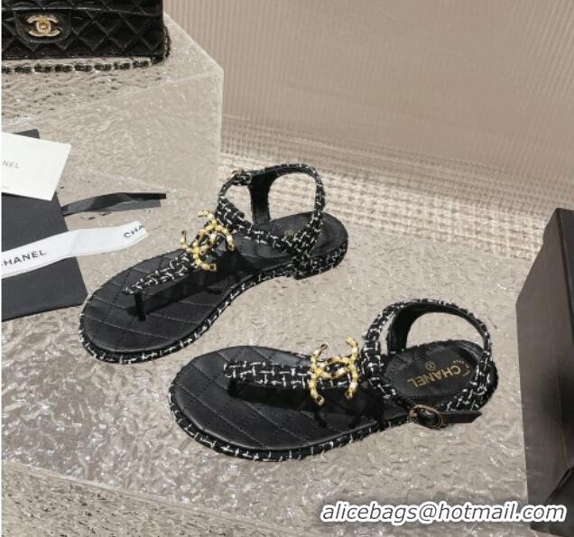 Charming Chanel Tweed Flat Thong Sandals with Stone CC Black 703080