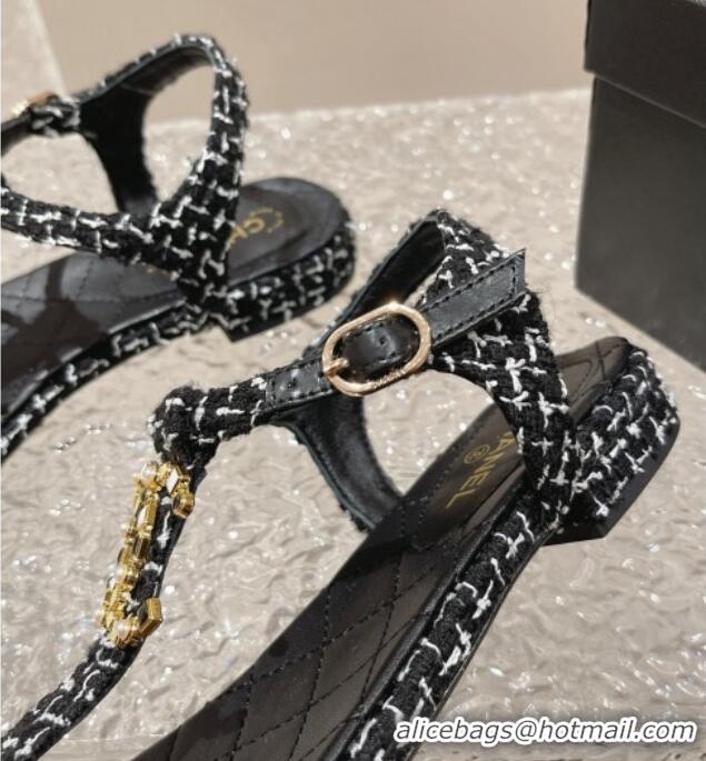 Charming Chanel Tweed Flat Thong Sandals with Stone CC Black 703080