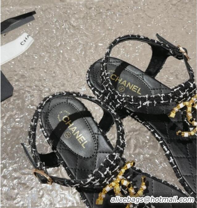 Charming Chanel Tweed Flat Thong Sandals with Stone CC Black 703080