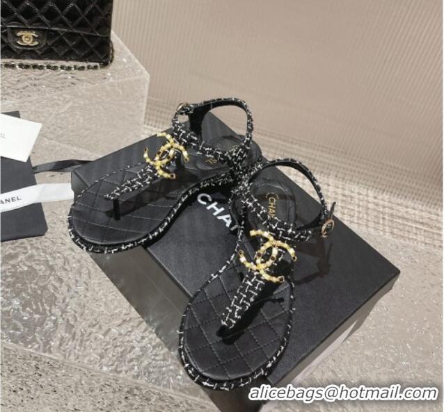 Charming Chanel Tweed Flat Thong Sandals with Stone CC Black 703080