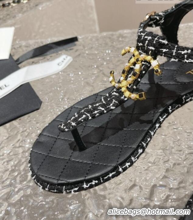 Charming Chanel Tweed Flat Thong Sandals with Stone CC Black 703080