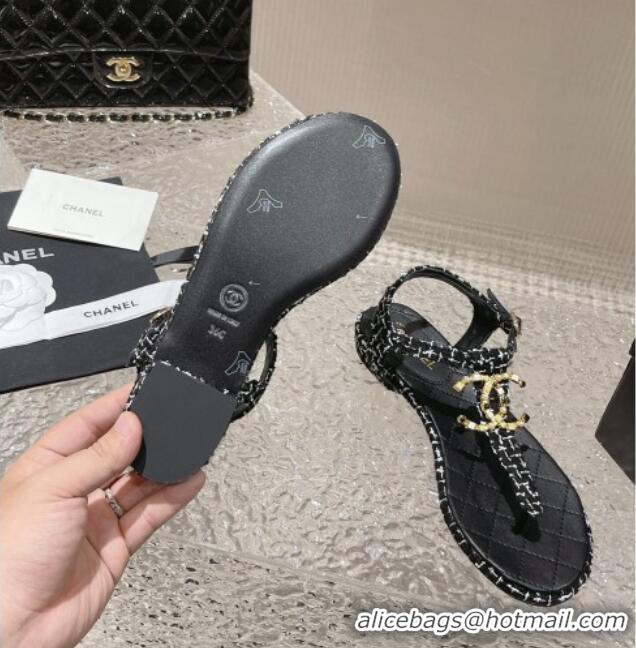 Charming Chanel Tweed Flat Thong Sandals with Stone CC Black 703080