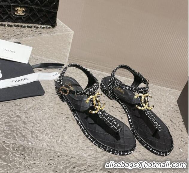 Charming Chanel Tweed Flat Thong Sandals with Stone CC Black 703080