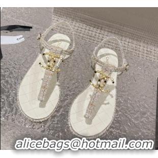 Good Quality Chanel Tweed Flat Thong Sandals with Stone CC White 703081