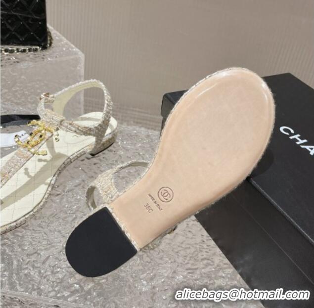 Good Quality Chanel Tweed Flat Thong Sandals with Stone CC White 703081