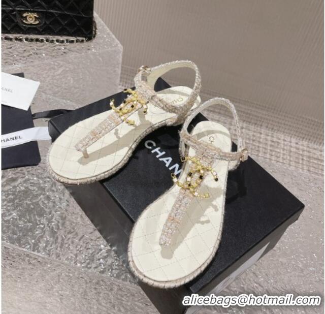 Good Quality Chanel Tweed Flat Thong Sandals with Stone CC White 703081