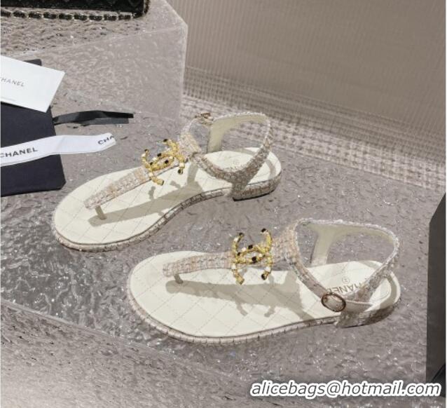 Good Quality Chanel Tweed Flat Thong Sandals with Stone CC White 703081