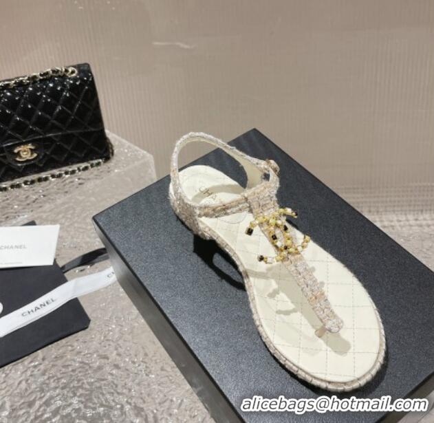 Good Quality Chanel Tweed Flat Thong Sandals with Stone CC White 703081