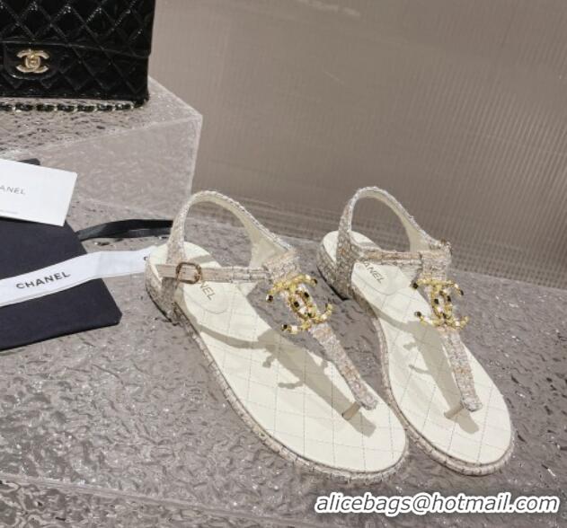 Good Quality Chanel Tweed Flat Thong Sandals with Stone CC White 703081