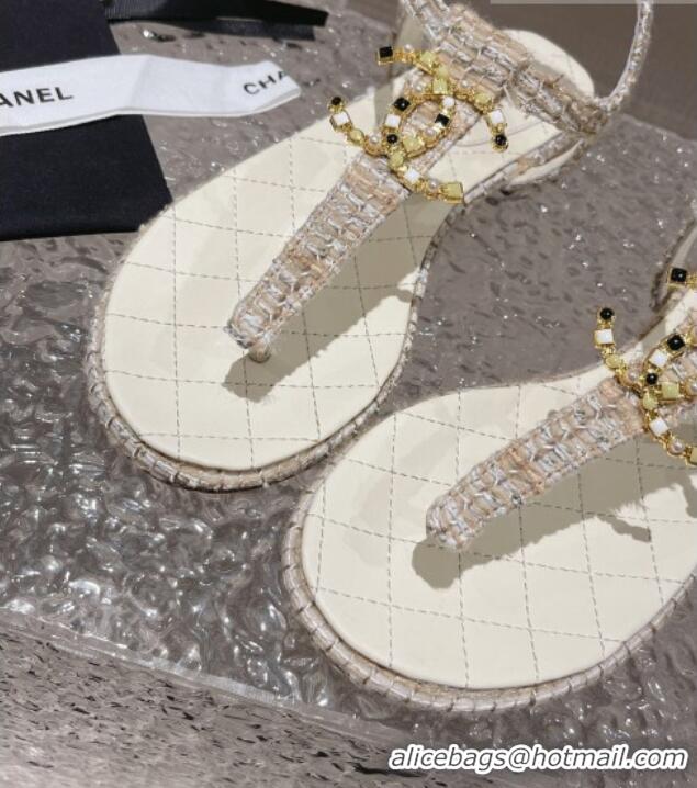 Good Quality Chanel Tweed Flat Thong Sandals with Stone CC White 703081