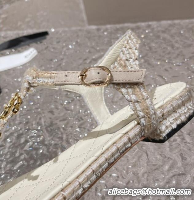 Good Quality Chanel Tweed Flat Thong Sandals with Stone CC White 703081