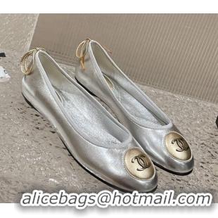 Top Design Chanel Calfskin Flat Ballerinas with Bow and CC Patch Silver 703082