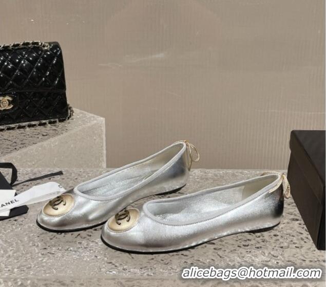 Top Design Chanel Calfskin Flat Ballerinas with Bow and CC Patch Silver 703082