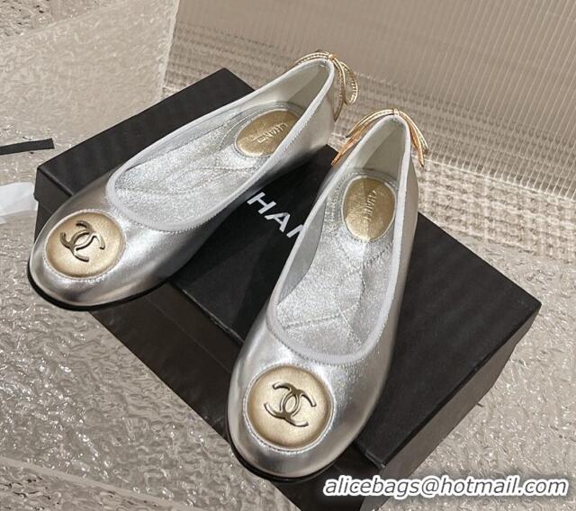 Top Design Chanel Calfskin Flat Ballerinas with Bow and CC Patch Silver 703082