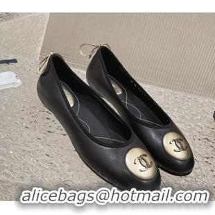 Lower Price Chanel Calfskin Flat Ballerinas with Bow and CC Patch Black 703083