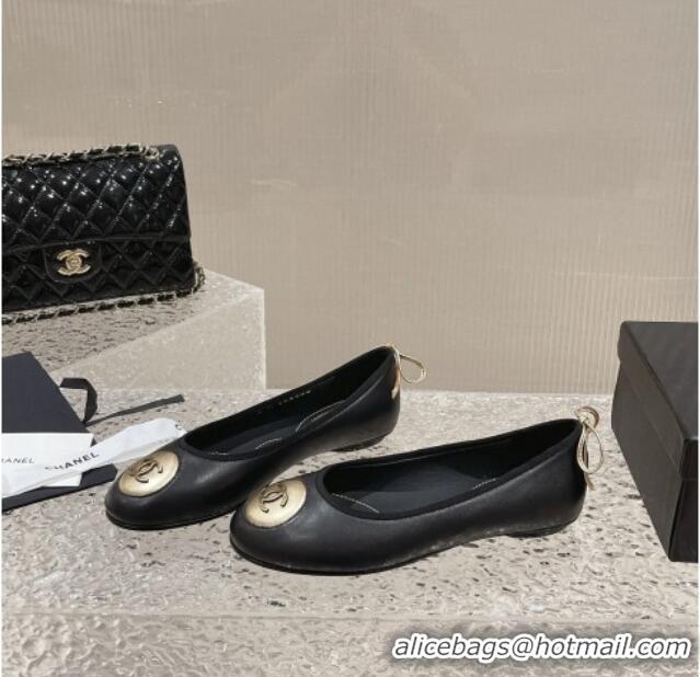 Lower Price Chanel Calfskin Flat Ballerinas with Bow and CC Patch Black 703083