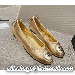 Top Grade Chanel Calfskin Flat Ballerinas with Bow and CC Patch Gold 703085