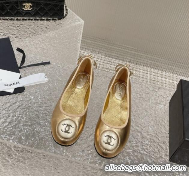 Top Grade Chanel Calfskin Flat Ballerinas with Bow and CC Patch Gold 703085