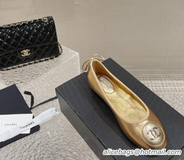 Top Grade Chanel Calfskin Flat Ballerinas with Bow and CC Patch Gold 703085