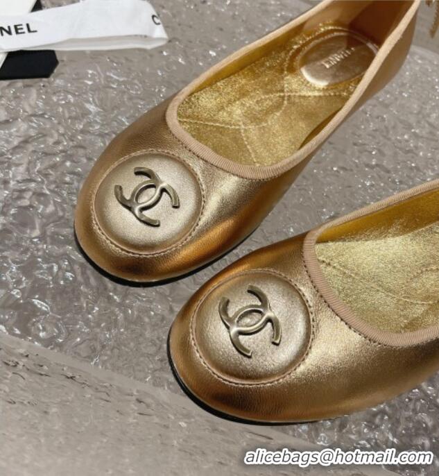 Top Grade Chanel Calfskin Flat Ballerinas with Bow and CC Patch Gold 703085