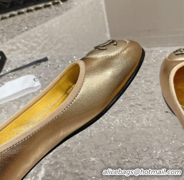 Top Grade Chanel Calfskin Flat Ballerinas with Bow and CC Patch Gold 703085