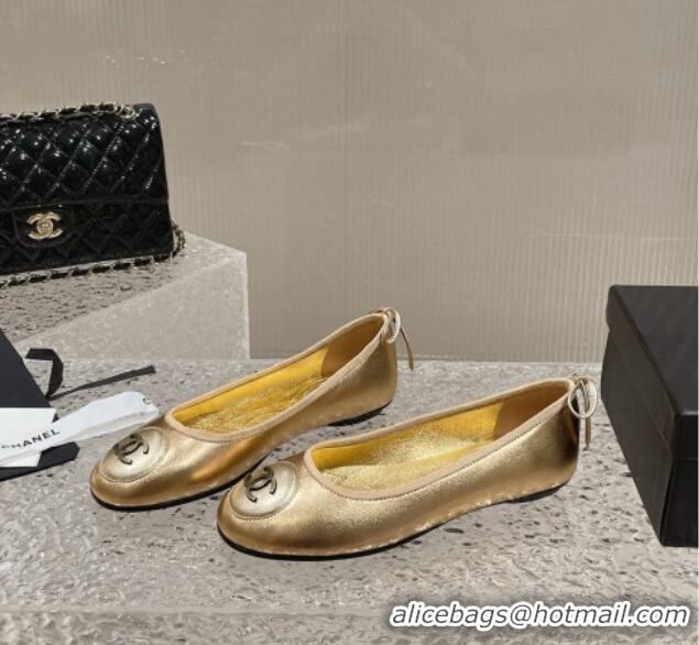 Top Grade Chanel Calfskin Flat Ballerinas with Bow and CC Patch Gold 703085