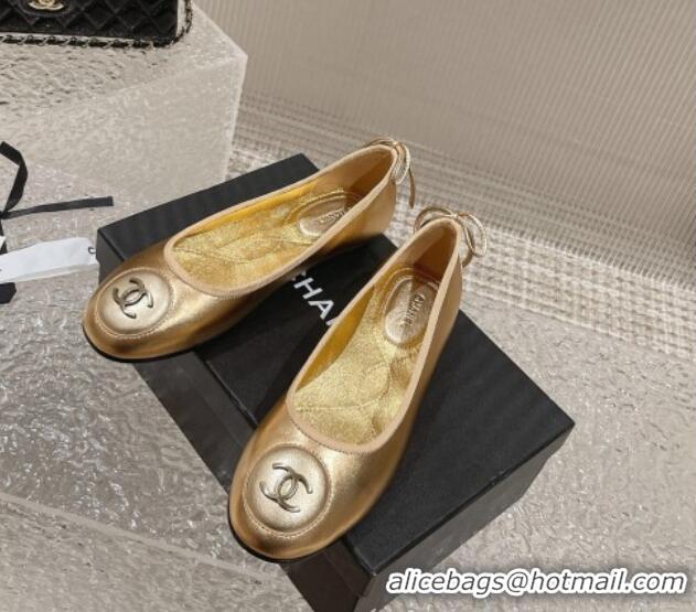 Top Grade Chanel Calfskin Flat Ballerinas with Bow and CC Patch Gold 703085