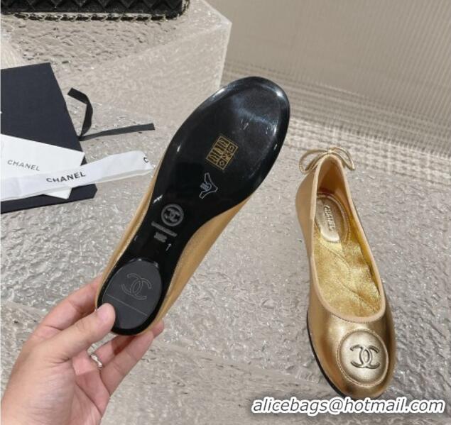 Top Grade Chanel Calfskin Flat Ballerinas with Bow and CC Patch Gold 703085