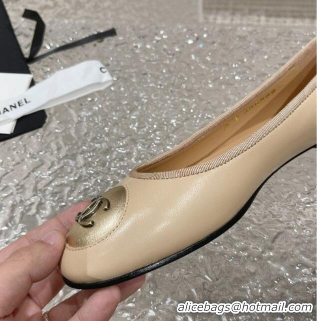 Luxurious Chanel Calfskin Flat Ballerinas with Bow and CC Patch Beige 703086