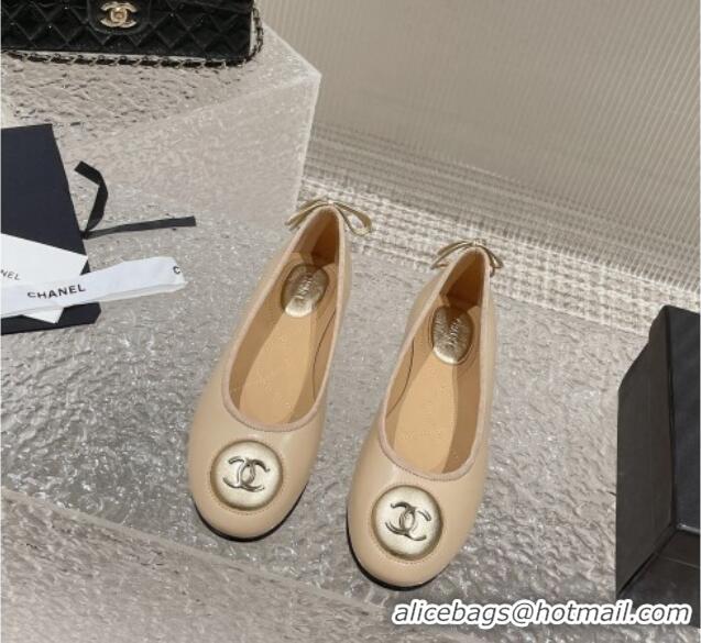 Luxurious Chanel Calfskin Flat Ballerinas with Bow and CC Patch Beige 703086