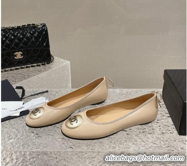 Luxurious Chanel Calfskin Flat Ballerinas with Bow and CC Patch Beige 703086