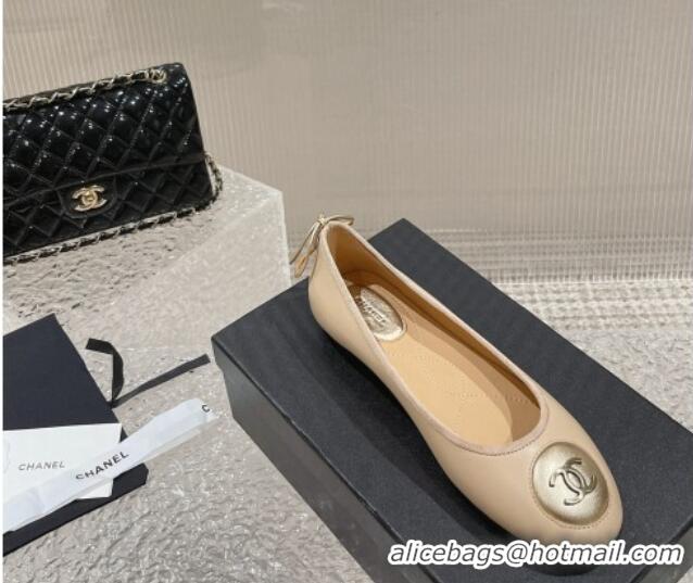 Luxurious Chanel Calfskin Flat Ballerinas with Bow and CC Patch Beige 703086