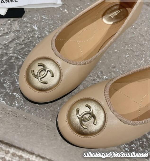 Luxurious Chanel Calfskin Flat Ballerinas with Bow and CC Patch Beige 703086