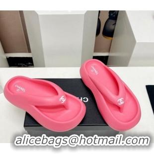 Classic Hot Chanel Rubber Platform Slide Thong Sandals 4cm Dark Pink 703087