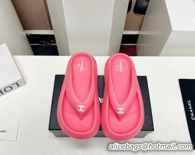 Classic Hot Chanel Rubber Platform Slide Thong Sandals 4cm Dark Pink 703087