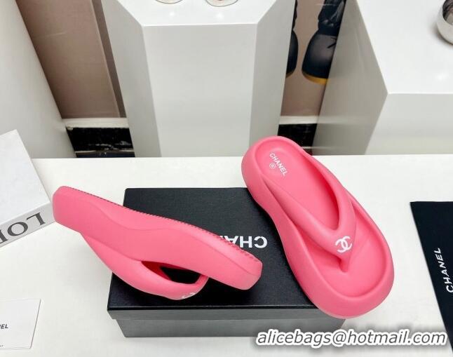 Classic Hot Chanel Rubber Platform Slide Thong Sandals 4cm Dark Pink 703087