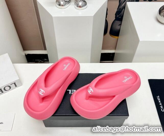 Classic Hot Chanel Rubber Platform Slide Thong Sandals 4cm Dark Pink 703087