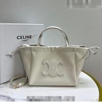 Pretty Style Celine Small Cabas Drawstring Cuir Triomphe Tote Bag in Smooth Calfskin 111013 White 2023