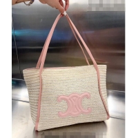 Top Design Celine Triomphe Straw Tote Bag 0627 Beige/Pink 2023