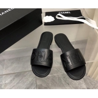 Good Quality Chanel Lambskin Flat Slide Sandals with CHANEL Black 327005