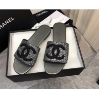 Grade Quality Chanel CC Sequins Flat Slide Sandals Dark Grey 327007