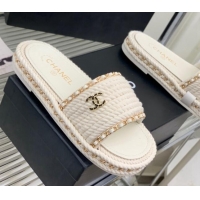 Pretty Style Chanel Chain Flat Slide Sandals White 328038