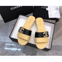 Shop Duplicate Chanel Lambskin Flat Slide Sandals with Chain CC Beige/Black 327012