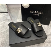 Duplicate Chanel Lambskin Flat Slide Sandals with Chain CC Black 327014