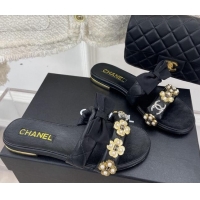 Good Quality Chanel Lambskin Flat Slide Sandals with Bow and Pearl Bloom G40132 Black