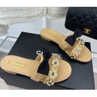 Grade Quality Chanel Lambskin Flat Slide Sandals with Bow and Pearl Bloom G40132 Beige