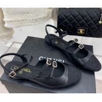 Perfect Chanel Lambskin Flat Sandals with Double Buckle Black 327022