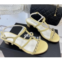 Low Price Chanel Lambskin Heel Sandals 4.5cm with Chain and Crystal CC G39645 Yellow