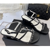 Best Grade Chanel Lambskin Heel Sandals 4.5cm with Chain and Crystal CC G39645 Black