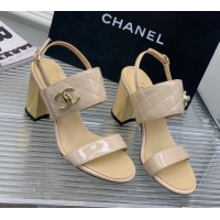 Trendy Design Chanel Patent Leather Heel Sandals 7cm with CC Foldover Nude/Beige 327034